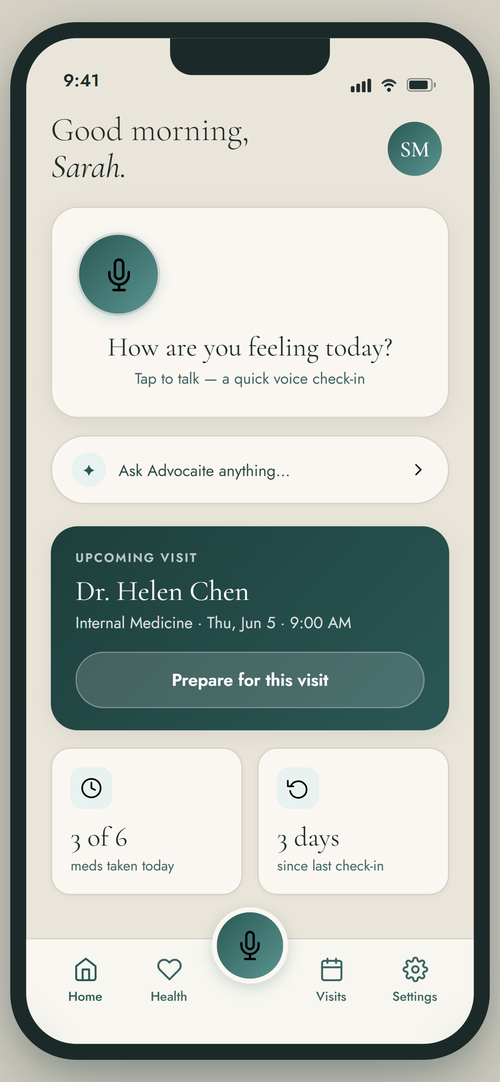 Advocaite home screen on a phone, showing a patient's health summary