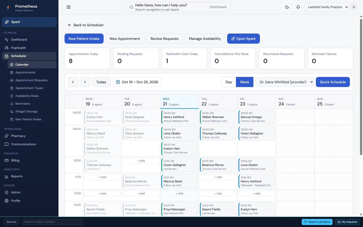 Prometheus scheduler showing a week of clinic appointments